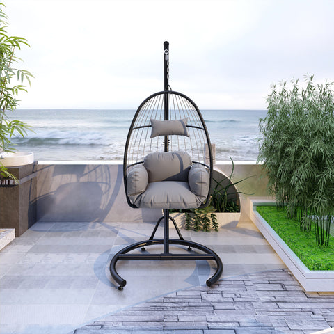 Outdoor Patio Wicker Hanging Swing, PVC Rattan Hammock Egg Chair, C Type Bracket, Cushion,Pillow, Patio, Balcony, Gray