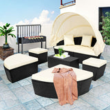 Outdoor rattan Clamshell daybed sunbed Retractable Canopy Wicker patio Furniture Round Sectional black  with Cushions