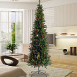 Artificial Slim Christmas Tree Pre-lit Pencil Skinny Fir Tree with Cones and Berries 7.5ft foldable metal stand