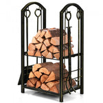 Fireplace Double Log Rack with 4 Pieces Fireplace Tools