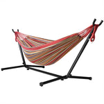 Red Striped cotton hammock set with black steel bracket 6.7*5 feet polyester storage bag, 450 pounds, courtyard party outskirts RT