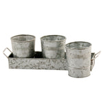 Galvanized Set of Three small windowsill Planters With Tray; Gray