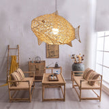 Creative Artistic Fish Pendant Lights Hand Woven Rattan Hanging Lamps Light Fixtures - GardenDecorNmore.com