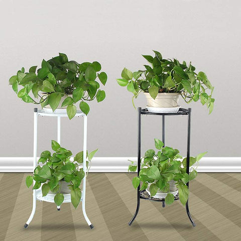 Metal 2 Tier plant Stand Shelf Black/White decorative display - GardenDecorNmore.com