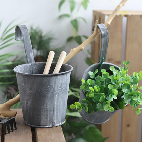 Vintage Washed Tin small Heart Flower Plant Bucket Balcony Hanging Hook Fence Pot - GardenDecorNmore.com