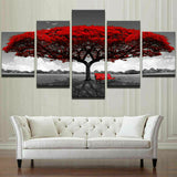 Canvas Wall Art Decor Red Tree with Moon, Black and White Large Landscape Pictures, 5 Piece set